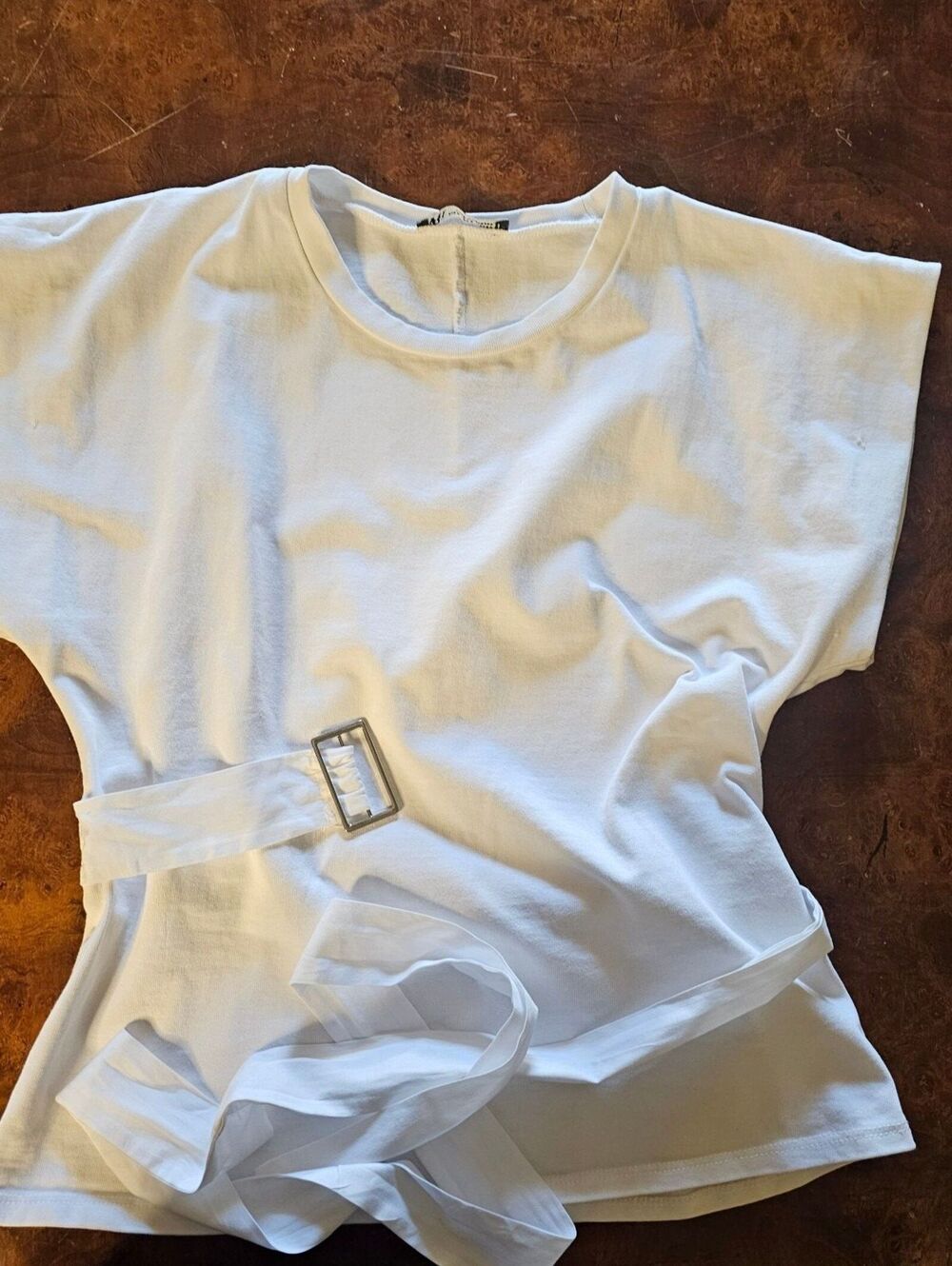 ZARA White Short Sleeve Top with Waist Belt, Size S